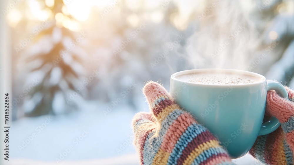 Warm Winter Morning with Cozy Knit Gloves and Steaming Hot Beverage Warm Winter Morning with Cozy Knit Gloves and Steaming Hot Beverage