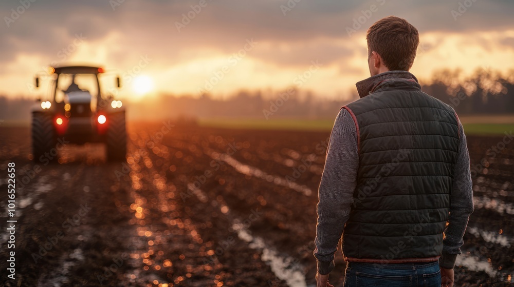 Farmer standing in a field watching a tractor at sunrise Farmer standing in a field watching a tractor at sunrise
