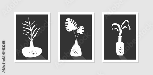 Set print art wall decor flowers and vase, black and white