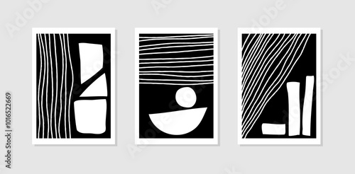 Set print art wall decor shape, line and vase, black and white
