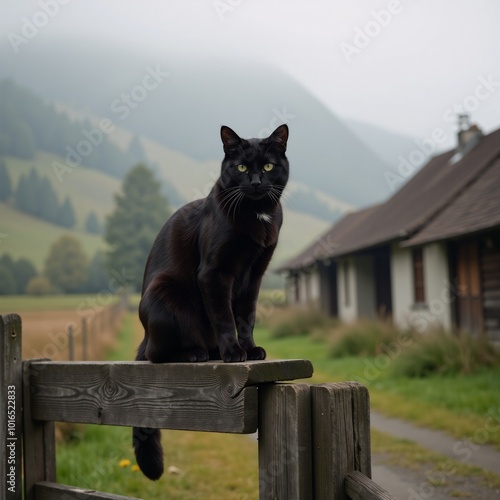 A hauntingly peaceful illustration features a black cat perched atop a rustic fence in an abandoned countryside village shrouded by early morning fog photo