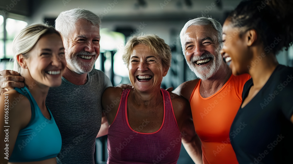 Smiling group older of friends in sportswear laughing together while standing arm in arm in a gym after a workout, senior, healthy, friendship, adult, exercising, together, lifestyles Smiling group older of friends in sportswear laughing together while standing arm in arm in a gym after a workout, senior, healthy, friendship, adult, exercising, together, lifestyles