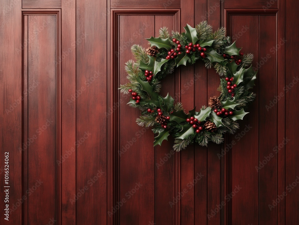 Traditional Christmas Door Wreath with Pine, Holly, and Red Berries, Festive Holiday Decoration for Your Home Traditional Christmas Door Wreath with Pine, Holly, and Red Berries, Festive Holiday Decoration for Your Home