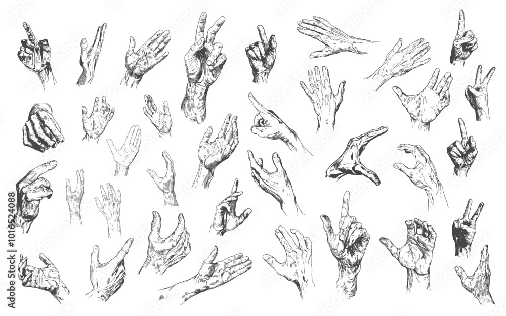 Set of hand finger gesture pose in hatch pencil sketch black and white. isolated on white background. Set of hand finger gesture pose in hatch pencil sketch black and white. isolated on white background.