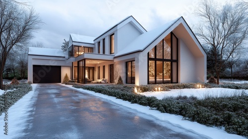 Stunning Snow-Covered House with Christmas Lights Glowing at Night, Winter Tranquility and Festive Cheer photo