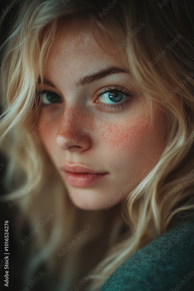 Close-up shot of a woman's face with freckles, suitable for beauty or lifestyle photography. Close-up shot of a woman's face with freckles, suitable for beauty or lifestyle photography.