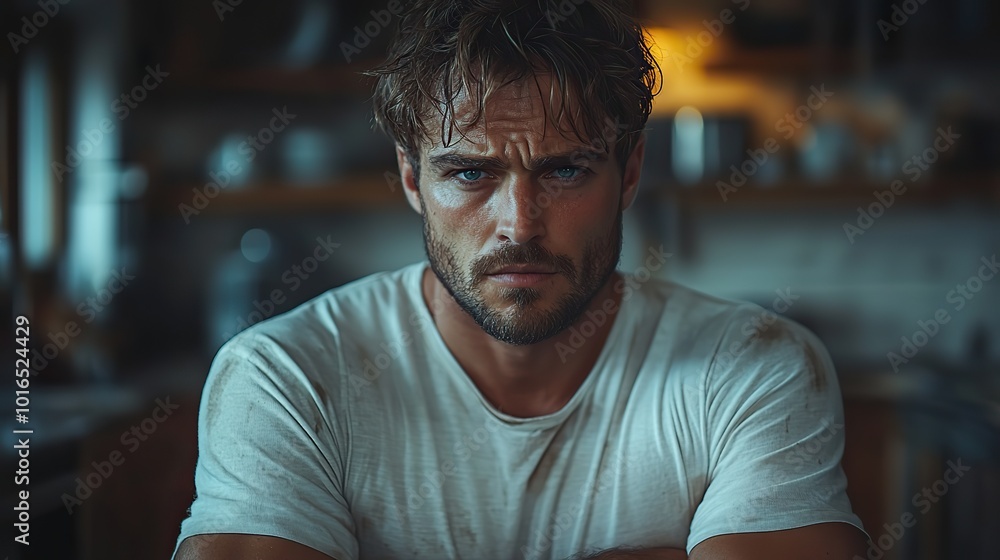 frustrated and broken overstimulated man standing in kitchen depression and sadness in postpartum condition struggle and bad thoughts for father in home no hope and life after a big loss frustrated and broken overstimulated man standing in kitchen depression and sadness in postpartum condition struggle and bad thoughts for father in home no hope and life after a big loss