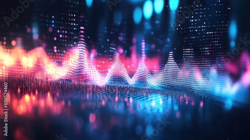 Abstract visualization of sound waves with vibrant colors and digital elements.