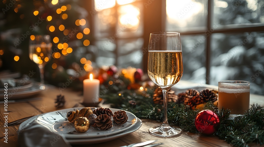 Flat vector of a festive table set for a New Year celebration with glasses of champagne and party favors Flat vector of a festive table set for a New Year celebration with glasses of champagne and party favors