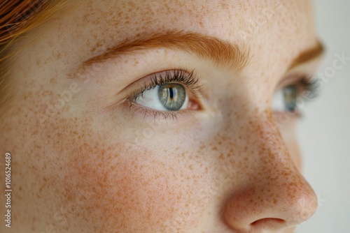 A detailed view of a woman's face featuring distinctive freckles, great for personal or editorial use. photo