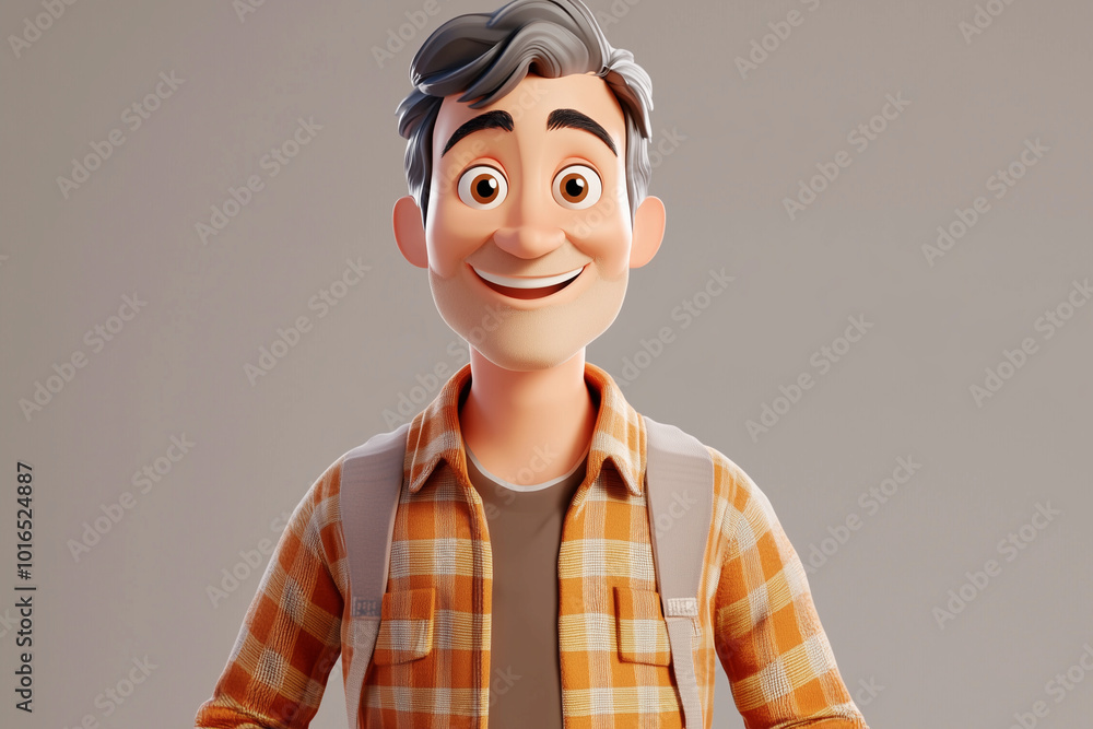 cartoon man with a backpack and a smile on his face. He is wearing an orange plaid shirt cartoon man with a backpack and a smile on his face. He is wearing an orange plaid shirt
