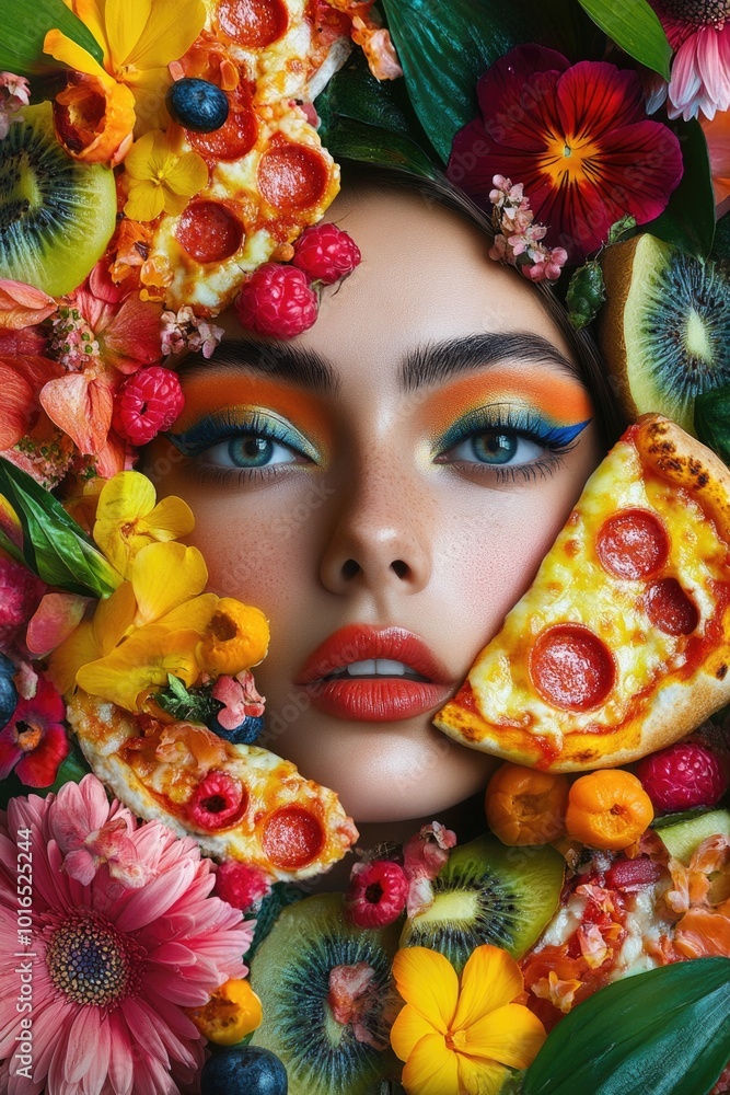 Naklejka premium A woman enjoying a slice of pizza with flower decorations around her.