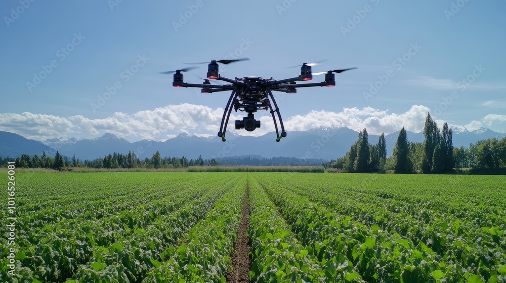 Drone capturing aerial photos for terrain scanning in a large farmland area, with vivid green crops.