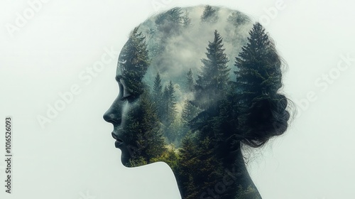 outline of a human head filled with a serene landscape representing inner peace and mental tranquility with ample white space for text or concepts photo