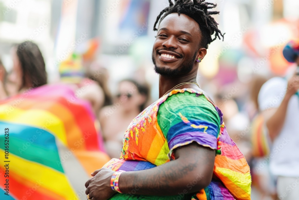A person with dreadlocks holds a colorful rainbow flag, symbolizing diversity and inclusivity. A person with dreadlocks holds a colorful rainbow flag, symbolizing diversity and inclusivity.