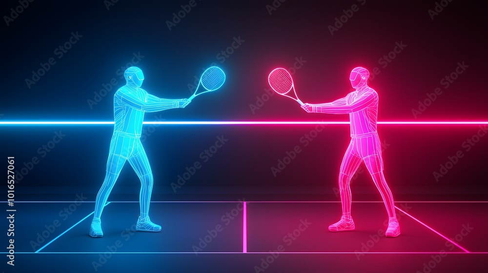Two neon tennis players face off across a glowing court, poised to strike their rackets with intensity. Sport Vibes Concept Two neon tennis players face off across a glowing court, poised to strike their rackets with intensity. Sport Vibes Concept