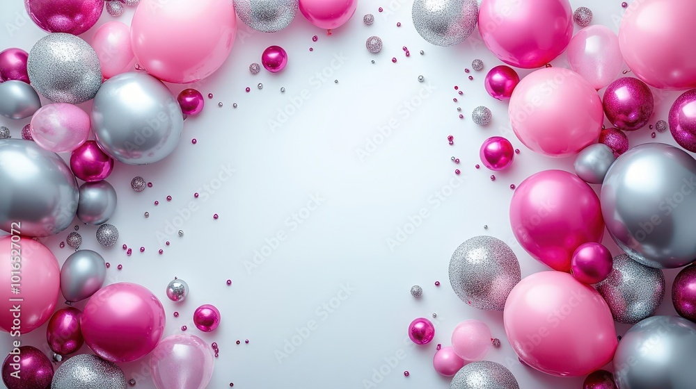 pink and silver balloons artistically arranged on a white background creating a joyful and festive frame with a central blank space perfect for celebrating special occasions pink and silver balloons artistically arranged on a white background creating a joyful and festive frame with a central blank space perfect for celebrating special occasions