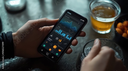 Health monitoring app on smartphone next to drink.