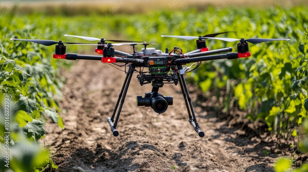 A drone scanning the surface of a field, analyzing crop yield problems and sending data to a digital device. A drone scanning the surface of a field, analyzing crop yield problems and sending data to a digital device.