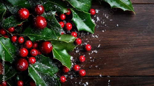 Bright red holly berries and lush green leaves stand out against a rich dark wood surface, evoking warmth and natural beauty during the festive season.