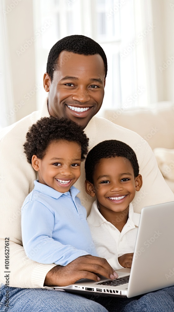 A joyful African American family sits together on a couch using a laptop for online financial learning, creating a warm atmosphere of togetherness A joyful African American family sits together on a couch using a laptop for online financial learning, creating a warm atmosphere of togetherness