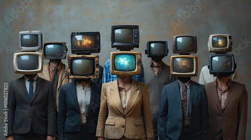 group of people,tv screens as heads symbolizing digital overload and propaganda.illustration photo