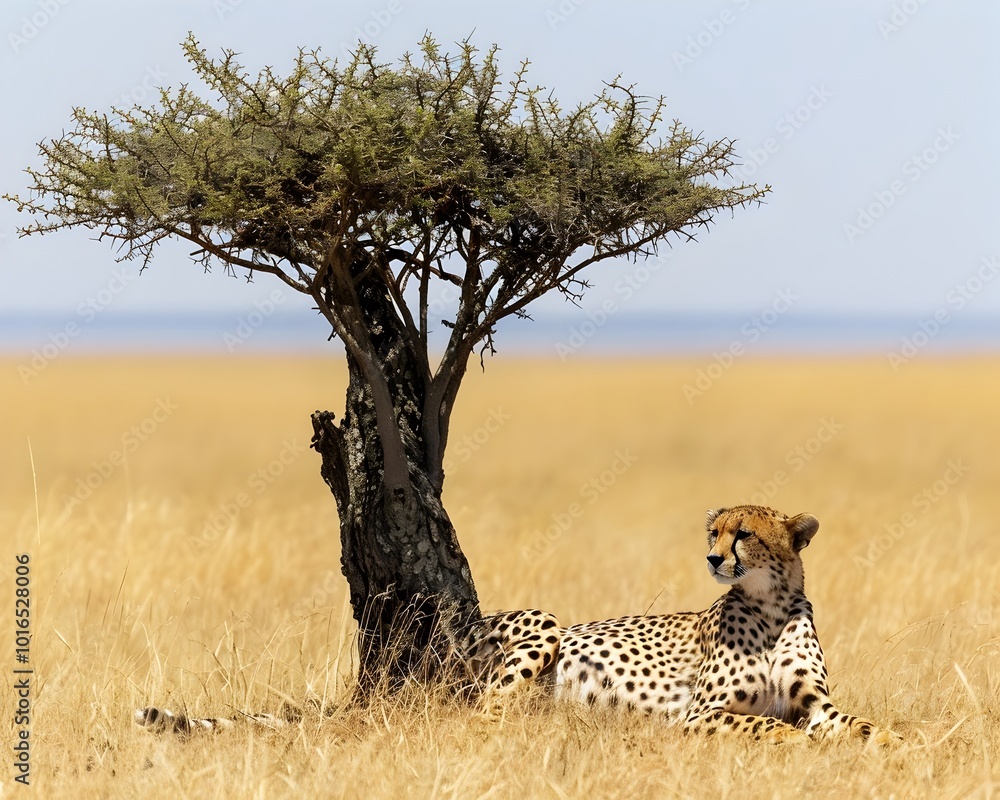 Cheetah Resting Under Withered Tree in Dry Grassland Seeking Shelter from Heat Cheetah Resting Under Withered Tree in Dry Grassland Seeking Shelter from Heat