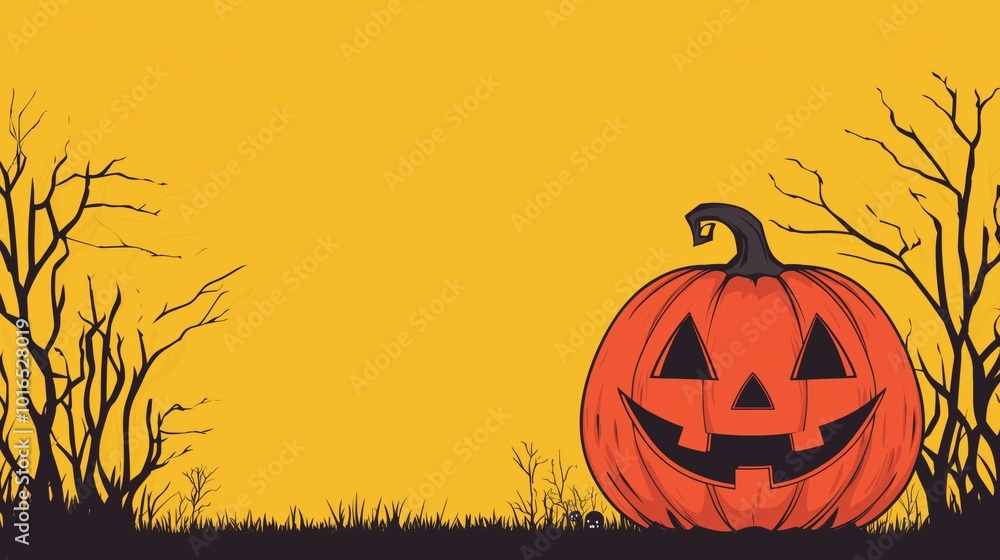 Halloween Jack o Lantern with Silhouette Trees and Grass Halloween Jack o Lantern with Silhouette Trees and Grass