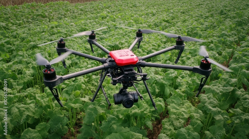 Drone monitoring agricultural crops for signs of pests and diseases, with advanced camera lenses.