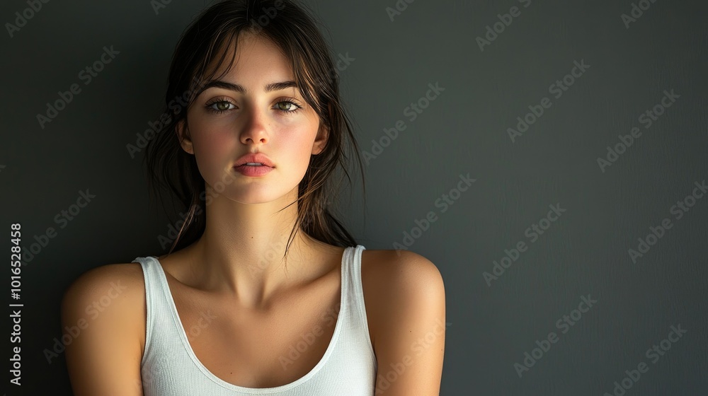Beautiful brunette in white t-shirt doing breast self-examination Breast Cancer female breast, support, prevention, mammography, screening, oncology, cancer treatment. Beautiful brunette in white t-shirt doing breast self-examination Breast Cancer female breast, support, prevention, mammography, screening, oncology, cancer treatment.