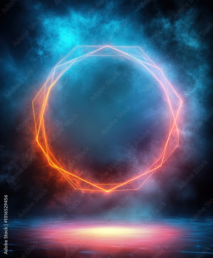 Naklejka premium Abstract Neon Circle with Glowing Smoke Background.