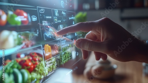 Futuristic touchscreen displaying fresh vegetables info photo