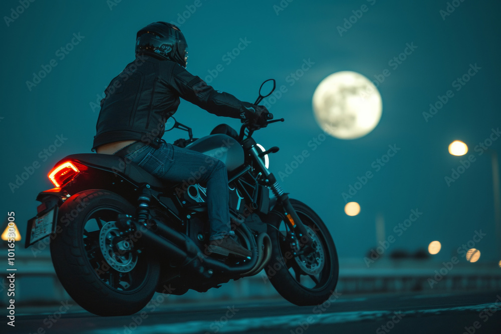 Motorcyclist riding on highway at night illuminated by bright full moon creating serene and adventurous atmosphere, rider ventures into unknown guided only by moonlight Motorcyclist riding on highway at night illuminated by bright full moon creating serene and adventurous atmosphere, rider ventures into unknown guided only by moonlight