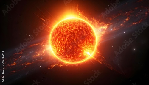 Fiery Sun with solar flare in cosmic background, representing stellar phenomena