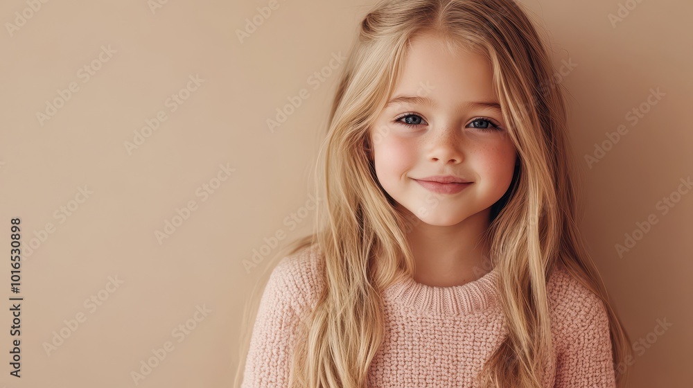 Portrait of a cheerful young girl with long blonde hair and a warm smile, wearing a cozy pink sweater against a neutral background. Portrait of a cheerful young girl with long blonde hair and a warm smile, wearing a cozy pink sweater against a neutral background.