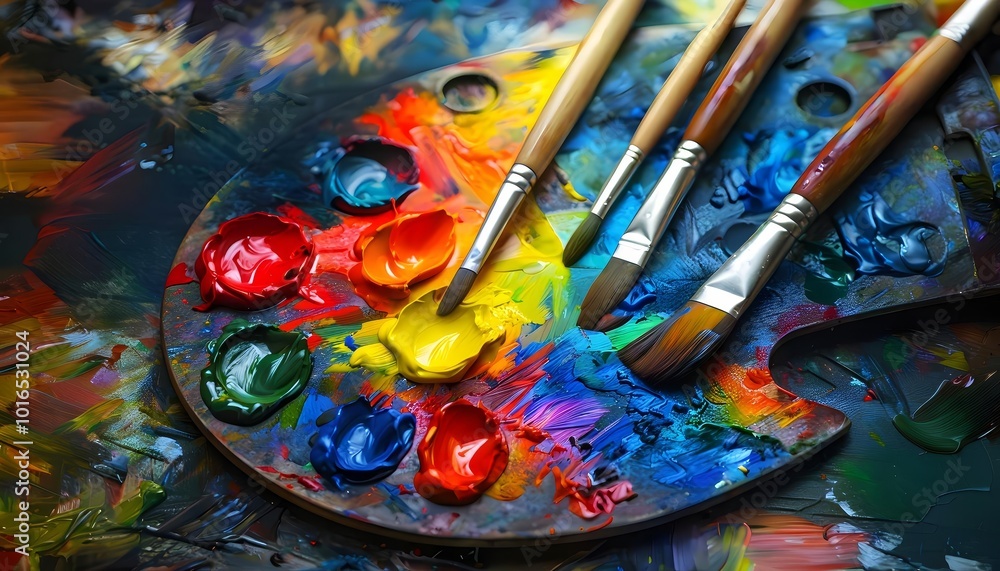 Obraz premium Vibrant artist palette with paintbrushes, colorful art supply, creative inspiration tool