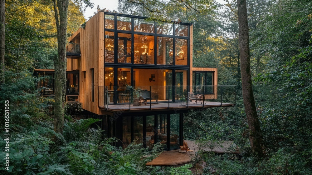A nature-inspired eco-friendly building made from timber and recycled materials, blending seamlessly into its forest surroundings with large glass windows A nature-inspired eco-friendly building made from timber and recycled materials, blending seamlessly into its forest surroundings with large glass windows