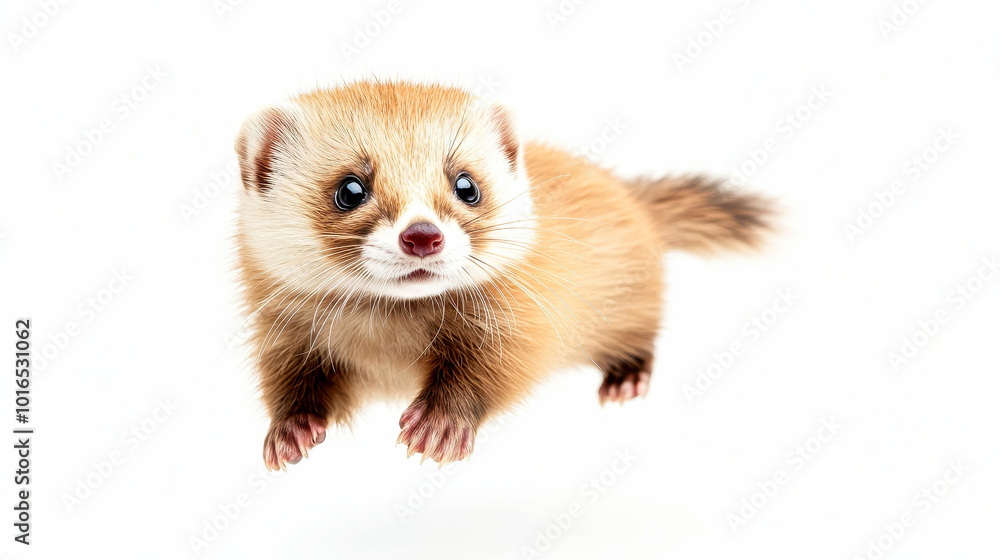 Cute ferret floating in the sky against a clean white background, capturing a whimsical and playful moment of this adorable animal in mid-air. Cute ferret floating in the sky against a clean white background, capturing a whimsical and playful moment of this adorable animal in mid-air.