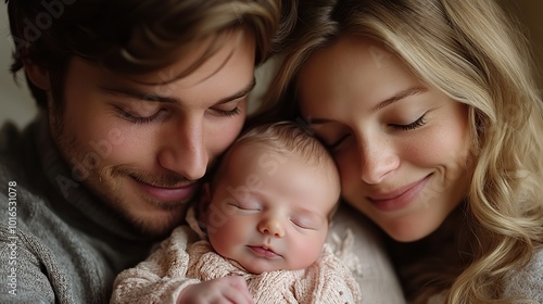 happy parents cuddling,their newborn baby.illustration