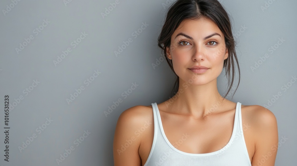 Beautiful brunette in white t-shirt doing breast self-examination Breast Cancer female breast, support, prevention, mammography, screening, oncology, cancer treatment. Beautiful brunette in white t-shirt doing breast self-examination Breast Cancer female breast, support, prevention, mammography, screening, oncology, cancer treatment.