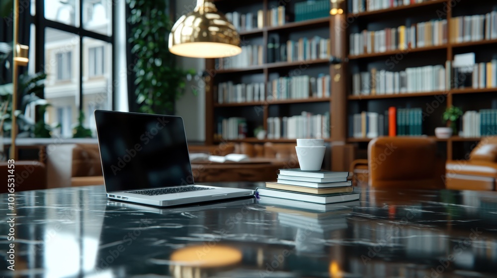 A sophisticated library scene with a laptop and coffee cup on a polished table, surrounded by bookshelves, creating an intellectual yet relaxed environment. A sophisticated library scene with a laptop and coffee cup on a polished table, surrounded by bookshelves, creating an intellectual yet relaxed environment.