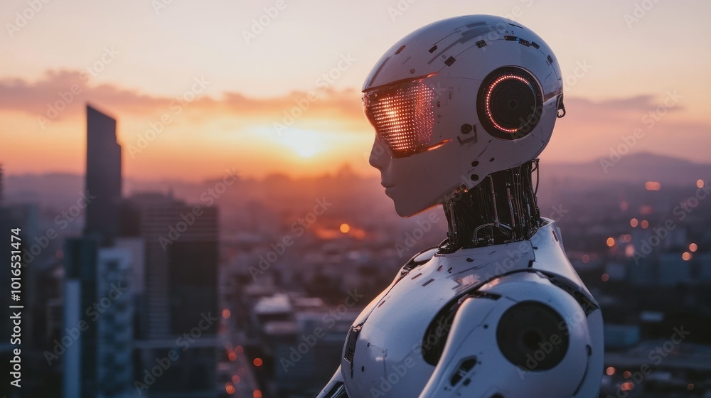 Fototapeta premium Robot gazes at city skyline during a stunning sunset.