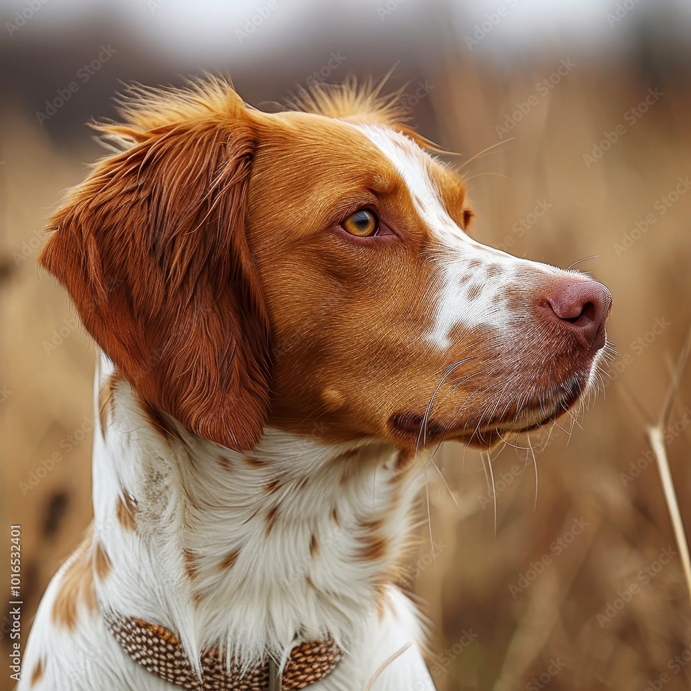 Beautiful Brittany dog portrait in a natural outdoor setting, showcasing its distinctive coat and attentive expression. Beautiful Brittany dog portrait in a natural outdoor setting, showcasing its distinctive coat and attentive expression.