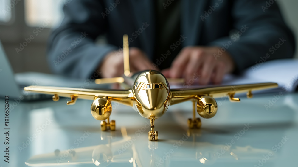 Obraz premium a detailed golden model of an airplane placed on a reflective surface