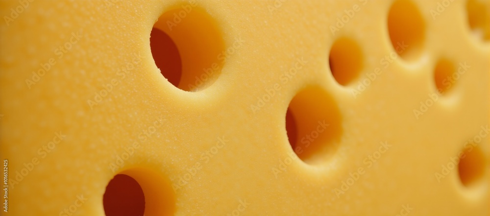 Image shows detailed close-up of textured yellow cheese with holes Image shows detailed close-up of textured yellow cheese with holes
