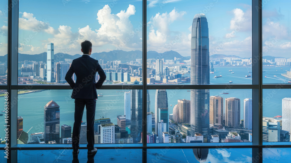 Fototapeta premium A prestigious international business leader in a modern office overlooking a bustling international trade hub, representing strategic thinking and leadership