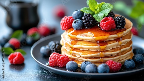 A delightful sight of golden pancakes topped with mixed berries, accompanied by a fresh mint garnish and a drizzle of syrup, showcasing a perfect breakfast delight.