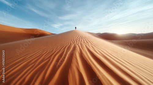 A lone figure silhouetted at sunrise walks along a tall sand dune, with the vast sky overhead, epitomizing isolation and the endless possibilities of the desert.