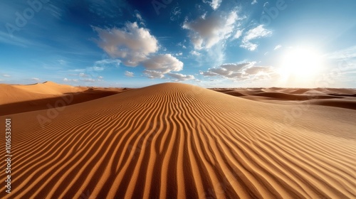 Endless golden sand dunes stretched beneath bright sunlight and blue skies, illustrating the desert's serene expanse with beautiful interplay of light and shadow. photo