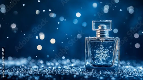 New Year or Christmas cosmetic background with minimalistic perfume bottle on blue background with snowflakes